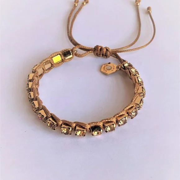 NWT Mixing Crystals Corded Thread, Macramé Logo, Tory Gold/Sand Bracelet